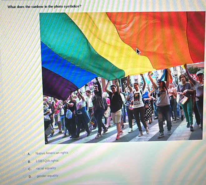 What does the rainbow in the photo symbolize?
A. Native American rights
B. LGBTQIA rights
C. racial equality
D. gender equality