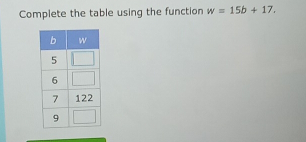 Complete the table using the function w=15b+17.