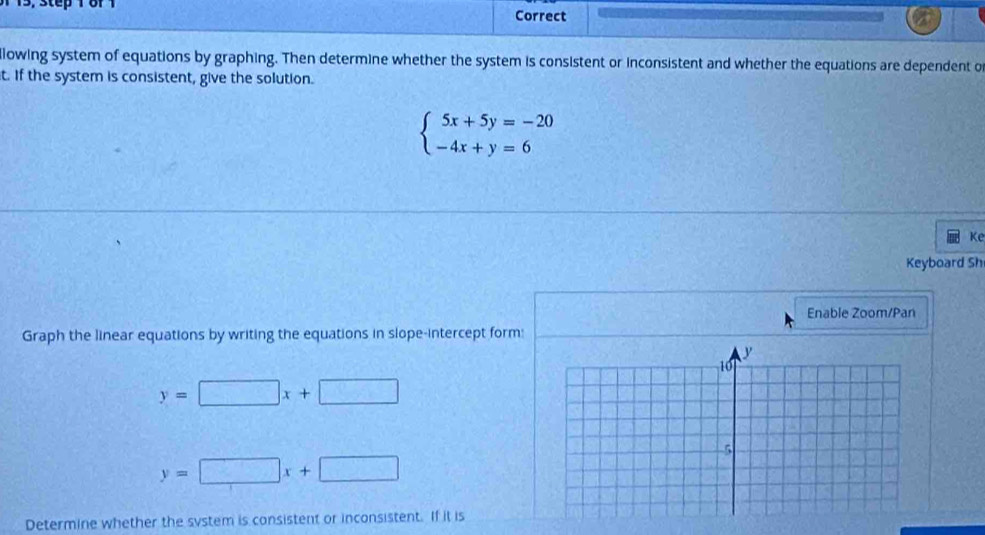 15, step 1 8f 1 Correct
lowing system of equations by graphing. Then determine whether the system is consistent or inconsistent and whether the equations are dependent o
t. If the system is consistent, give the solution.
beginarrayl 5x+5y=-20 -4x+y=6endarray.
Ke
Keyboard Sh
Enable Zoom/Pan
Graph the linear equations by writing the equations in slope-intercept form:
y=□ x+□
y=□ x+□
Determine whether the system is consistent or inconsistent. If it is