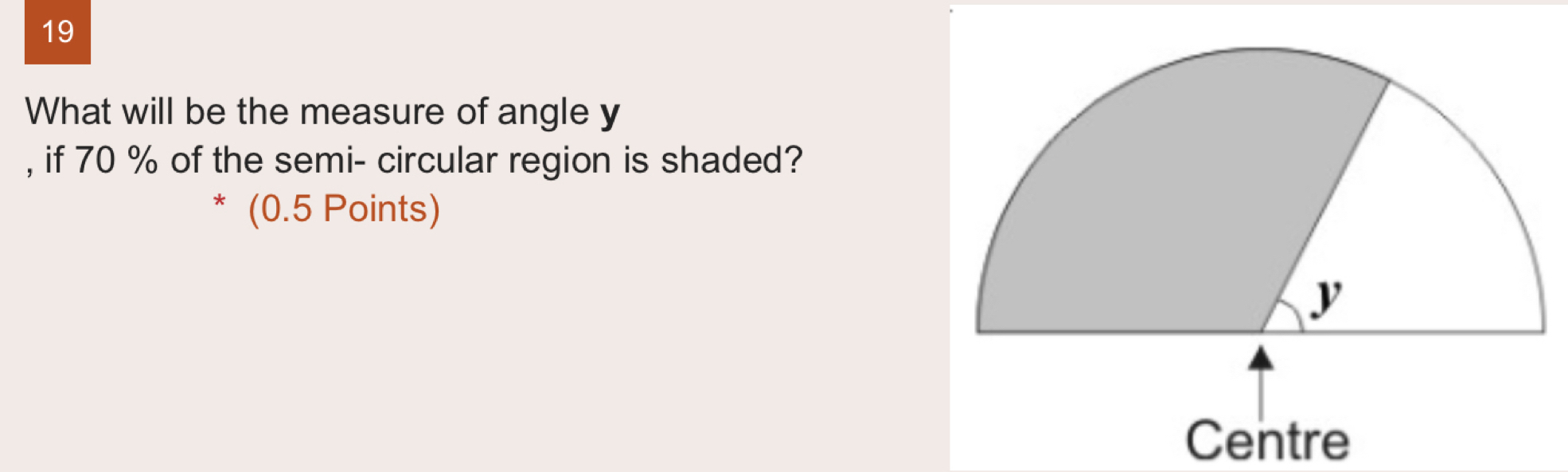 What will be the measure of angle y
, if 70 % of the semi- circular region is shaded? 
* (0.5 Points) 
Centre