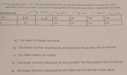 f(x)=4x+60 descrbes Function A and the table describes Function B. Each
4) The equation describe a linear function, Compare the properties of the functions below, Select all that apply.
x2.4
a) The rates of change are equal.
b) The linear function described by the table has the greater rate of change.
c) The initial values are equal.
d) The linear function described by the equation has the greater rate of change.
e) The linear function described by the table has the greater initial value.