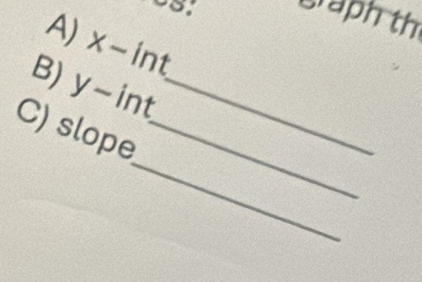 graph th 
A) x-int
B) y-int _ 
_ 
C) slope_