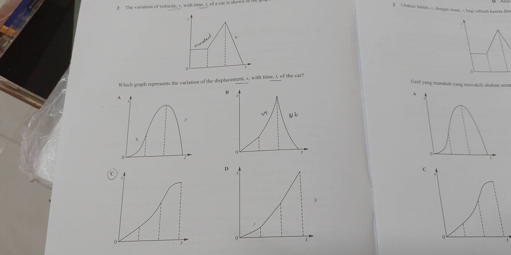 The variation of velocity, v, with time, 1, of a car is shown II II
2 Ubahan halaju, v, dengan masa, r, bagi sebuah kereta ditu
Which graph represents the variation of the displacement, s, with time, t, of the car?
Graf yang manakah yang mewakili ubahan sesa
A

x
0
t
t