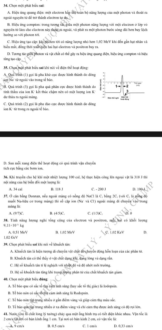 Chọn một phát biểu sai:
A. Hiệu ứng quang điện: một electron hấp thụ toàn bộ năng lượng của một photon và thoát ra
ngoài nguyên từ đề trở thành electron tự do
B. Hiệu ứng compton: trong tương tắc giữa một photon năng lượng với một electron ở lớp vỏ
nguyên tử làm cho electron này thoát ra ngoài, và phát ra một photon bước sóng dài hơn bay lệch
hướng so với photon tới.
C. Hiệu ứng tạo cặp: khi phốton tới có năng lượng nhỏ hơn 1,02 MeV khi đến gần hạt nhân và
biển mắt, đồng thời xuất hiện hai hạt electron và positron bay ra.
D. Tương tác giữa photon và vật chất có thể gây ra hiệu ứng quang điện, hiệu ứng compton và hiệu
tứng tạo cập.
35. Chọn một phát biểu sai khi nói về điện thế hoạt động:
A. Quá trình (1) gọi là pha khử cực được hình thành do dòng
ion Na* từ ngoài vào trong tế bào.
B. Quá trình (3) gọi là pha quá phân cực được hình thành do 2 1→ ←2
tinh thẩm của ion K* kết thúc chậm nên có một lượng ion K*
3
dư thừa ra ngoài màng. Điện thế nghi
C. Quá trình (2) gọi là pha đảo cực được hình thành do dòng
ion K* từ trong ra ngoài tế bào.
D. Sau mỗi xung điện thế hoạt động có quá trình vận chuyển
tích cực bằng các bơm ion.
36. Khi truyền cho hệ khí một nhiệt lượng 100 cal, hệ thực hiện công lên ngoại vật là 318 J thì
nội năng của hệ biến đối một lượng là:
A. 34 cal B. 118 J C. - 200 J D. 100 ,
37. Ở cân bằng Donnan, nếu ngoài mảng có nồng độ NaCl là C, bằng 2C, (với C, là nồng độ
muối Na-hữu cơ trong màng) thì số cặp ion (Na* và Cl) ngoài màng di chuyền vào trong
màng là:
A. (9/7)C. B. (4/5)C_1 C. (1/3)C_2 D. 0
38. Tính năng lượng nghi tồng cộng của electron và positron, mỗi hạt có khổi lượng
9,11* 10^(-31)kg
A. 0.51 MeV B. 1,02 MeV C. 1,02 KeV D.
1,02 GcV
39. Chọn phát biểu sai khi nói về khuếch tán:
A. Khuếch tán là hiện tượng di chuyển vật chất đo chuyển động hỗn loạn của các phân từ.
B. Khuếch tán có thể thấy ở vật chất dạng khí, dạng lóng và dạng rắn.
C. Hệ số khuếch tán tỉ lệ nghịch với nhiệt độ và độ nhớt môi trường.
D. Hệ số khuếch tán tăng khi trọng lượng phân tứ của chất khuếch tán giảm.
40. Chọn một phát biêu đúng:
A. Tế bảo que có sắc tổ thụ cảm ánh sáng (hay sắc tổ thị giác) là Iodopsin.
B. Tế bào nón có sắc tổ thụ cảm ảnh sáng là Rodopsin.
C. Tế bảo nón tập trung nhiều ở gần điểm vàng và giúp cảm thụ màu sắc.
D. Tể bảo que tập trung nhiều ở xa điểm vàng và chỉ cảm thụ được ánh sáng có độ rọi lớn.
41. Nước (coi là chất lóng lý tướng) chảy qua một ống hình trụ có tiết diện khác nhau. Vận tốc là
2 cm/s tại nơi có bán kính ổng 1 cm. Tại nơi có bán kính 2 cm, có vận tốc là:
A. 9 cm/s B. 0,5 cm/s C. 1 cm/s D. 0,33 cm/s
