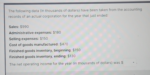 The following data (in thousands of dollars) have been taken from the accounting 
records of an actual corporation for the year that just ended: 
Sales: $990
Administrative expenses: $180
Selling expenses: $15C
Cost of goods manufactured: $470
Finished goods inventory, beginning: $150
Finished goods inventory, ending: $130
The net operating income for the year (in thousands of dollars) was $