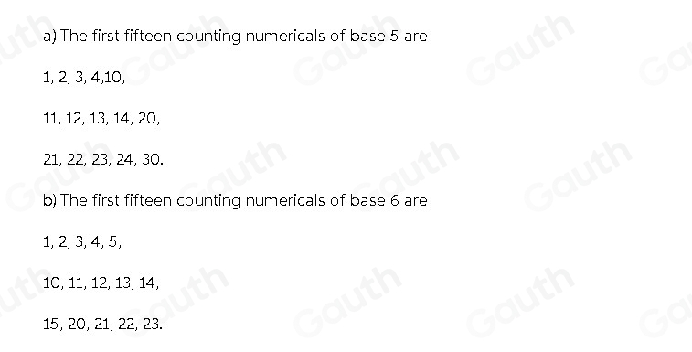 Solved: Write the first fifteen counting numerals for each of the bases ...