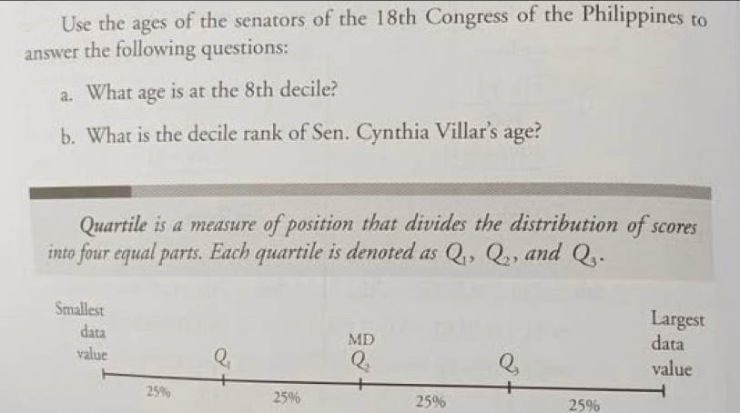 Use the ages of the senators of the 18th Congress of the Philippines to
answer the following questions:
a. What age is at the 8th decile?
b. What is the decile rank of Sen. Cynthia Villar’s age?
Quartile is a measure of position that divides the distribution of scores
into four equal parts. Each quartile is denoted as Q_1,Q_2 , and Q_3.
25%