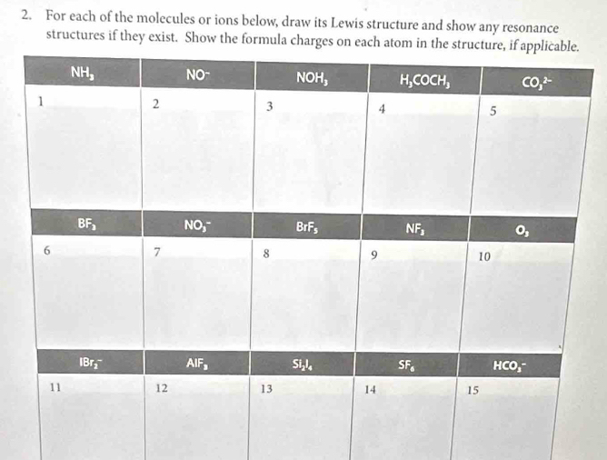 For each of the molecules or ions below, draw its Lewis structure and show any resonance
structures if they exist. Show the formula charges o