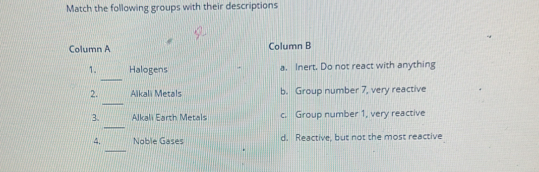 Solved: Match the following groups with their descriptions Column A ...