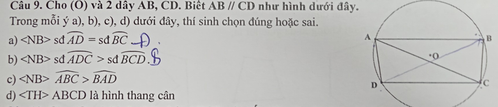 Cho (O) và 2 dây AB, CD. Biết ABparallel CD như hình dưới đây. 
Trong mỗi ya),( b), c), d) dưới đây, thí sinh chọn đúng hoặc sai. 
a) ∠ NB>sdwidehat AD=sdwidehat BC
b) sdwidehat ADC>sdwidehat BCD. 
c) widehat ABC>widehat BAD
d) ∠ TH>ABCD là hình thang cân