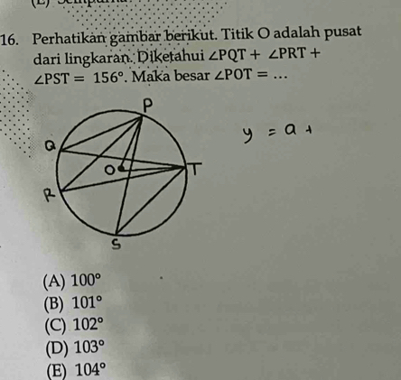 Perhatikan gambar berikut. Titik O adalah pusat
dari lingkaran. Diketahui ∠ PQT+∠ PRT+
∠ PST=156°. Maka besar ∠ POT=... _
(A) 100°
(B) 101°
(C) 102°
(D) 103°
(E) 104°