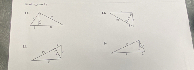 Find x, y and z. 
11.12. 
13. 
14.