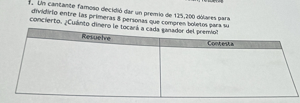 Un cantante famoso decidió dar un premio de 125, 200 dólares para 
dividirlo entre las primeras 8 personas que compren boletos para su 
concierto. ¿Cuánto dinero