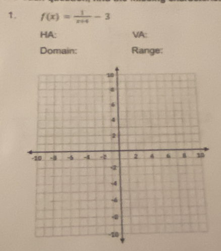 f(x)= 1/x+4 -3
HA: VA: 
Domain: Range: