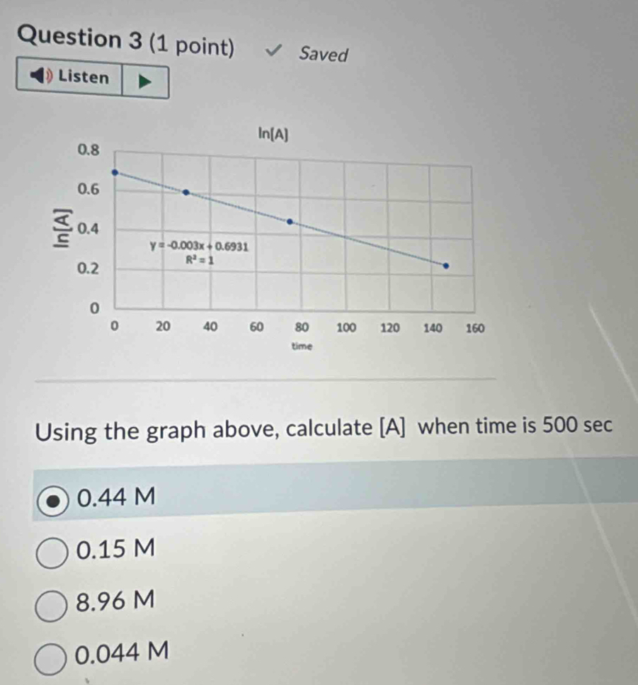 Saved
Listen
Using the graph above, calculate [A] when time is 500 sec
0.44 M
0.15 M
8.96 M
0.044 M