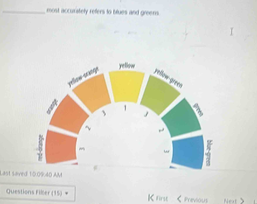 most accurately refers to blues and greens. 
Last saved :40 AM 
Questions Filter (15) |< First Previous Next