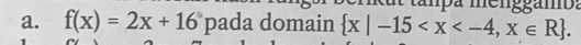 tanpa menggamba 
a. f(x)=2x+16^a pada domain  x|-15 .