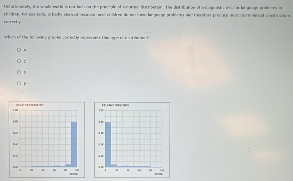 Unfortunately, the whole world is not built on the principle of a normal distribution. The distribution of a diagnostic test for language problems in
children, for example, is badly skewed because most children do not have language problems and therefore produce most grammatical constructions
correctly.
Which of the following graphs correctly represents this type of distribution?
A
C
D
B