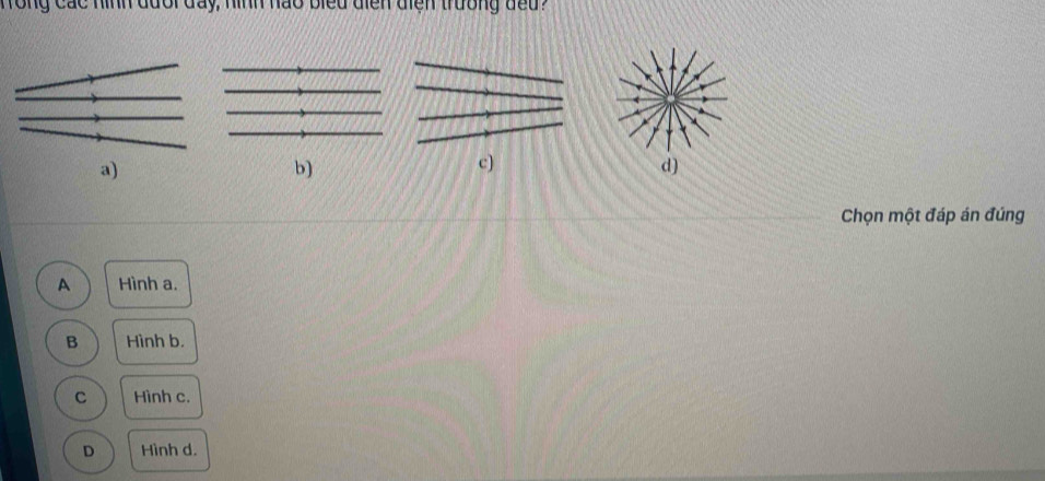 wong các hinh dưorđay, hinh hao bied diễn diễn trường ded?
a)
b)
c)
d)
Chọn một đáp án đúng
A Hình a.
B Hình b.
C Hình c.
D Hình d.