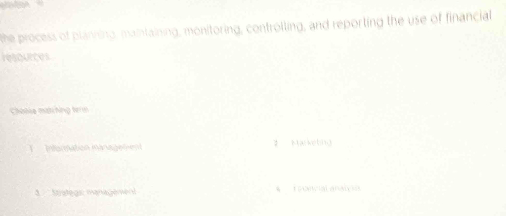 the process of planning, maintaining, monitoring, controlling, and reporting the use of financial
resources
Choose matching term
T Information management Marketing
3 Stiategs: management * T pancial analy sa