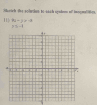 Sketch the solution to each system of inequalities. 
11) 9x-y>-8
y≤ -1
16