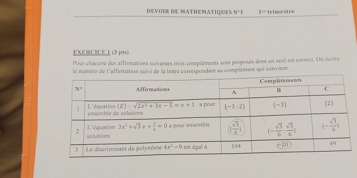 DEVOIR DE MATHEMATIQUES N°1 1^(er) trimestre
EXERCICE 1 (3 pts)
Pour chacune des affirmations suivantes trois compléments sont proposés dont un seul est correct. On écrira
le numéro de l'affirmation suivi de la lettre correspondant au complément qui convient.