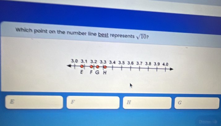 Which point on the number line best represents sqrt(10)
E
F
H
G
Done