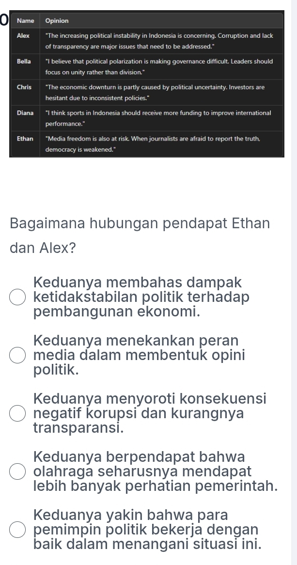 Bagaimana hubungan pendapat Ethan
dan Alex?
Keduanya membahas dampak
ketidakstabilan politik terhadap
pembangunan ekonomi.
Keduanya menekankan peran
media dalam membentuk opini
politik.
Keduanya menyoroti konsekuensi
negatif korupsi dan kurangnya
transparansi.
Keduanya berpendapat bahwa
olahraga seharusnya mendapat
lebih banyak perhatian pemerintah.
Keduanya yakin bahwa para
pemimpin politik bekerja dengan
baik dalam menangani situasi ini.