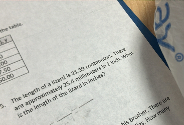 the table. 
), 
0 
⑤ 
0 
0The leth of a lizard is 21.59 centimeters. The 
7. 
re approximately 25.4 millimeters in 1 inch. Wh 
s the length of the lizard in inches
his brother. There ar 
es. How many