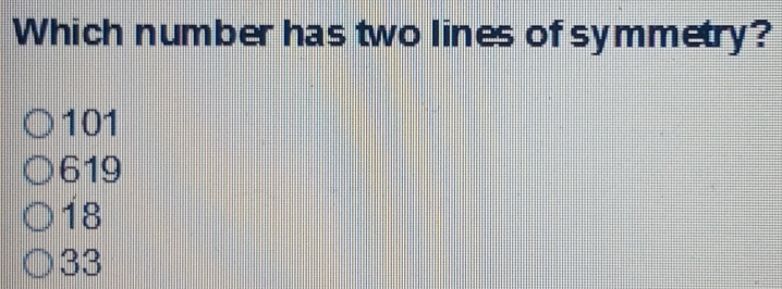 Which number has two lines of symmetry?
101
619
18
33