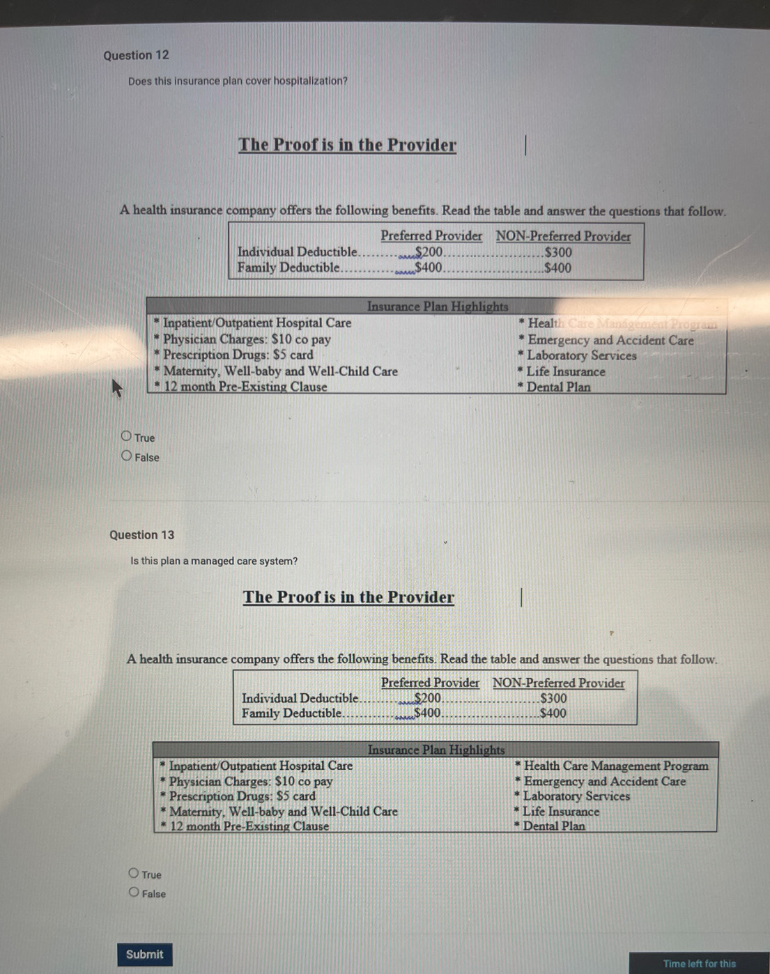 Does this insurance plan cover hospitalization?
The Proof is in the Provider
A health insurance company offers the following benefits. Read the table and answer the questions that follow.
Preferred Provider NON-Preferred Provider
Individual Deductible $200 $300
Family Deductible. × = × × × Gni $400 $400
Insurance Plan Highlights
Inpatient/Outpatient Hospital Care Health
Physician Charges: $10 co pay Emergency and Accident Care
Prescription Drugs: $5 card Laboratory Services
Maternity, Well-baby and Well-Child Care Life Insurance
12 month Pre-Existing Clause Dental Plan
True
False
Question 13
Is this plan a managed care system?
The Proof is in the Provider
A health insurance company offers the following benefits. Read the table and answer the questions that follow.
Preferred Provider NON-Preferred Provider
Individual Deductible $200 $300
Family Deductible $400. $400
Insurance Plan Highlights
Inpatient/Outpatient Hospital Care Health Care Management Program
Physician Charges: $10 co pay Emergency and Accident Care
Prescription Drugs: $5 card Laboratory Services
Maternity, Well-baby and Well-Child Care Life Insurance
12 month Pre-Existing Clause Dental Plan
True
False
Submit
Time left for this