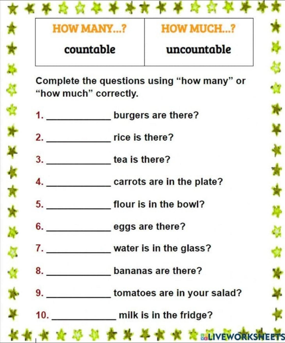 HOW MANY...? HOW MUCH...? 
countable uncountable 
Complete the questions using “how many” or 
“how much” correctly. 
1._ burgers are there? 
2. rice is there? 
3. _tea is there? 
4. _carrots are in the plate? 
5. _flour is in the bowl? 
6. _eggs are there? 
7._ water is in the glass? 
8. _bananas are there? 
9._ tomatoes are in your salad? 
10. _milk is in the fridge?