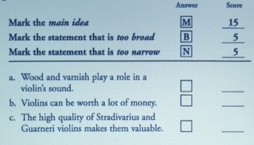 Wood and varnish play a role in a 
violin's sound. 
_ 
b. Violins can be worth a lot of money. 
_ 
c. The high quality of Stradivarius and 
Guarneri violins makes them valuable. 
_