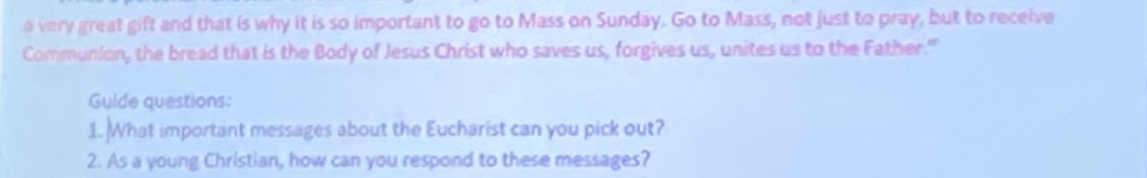 a very great gift and that is why it is so important to go to Mass on Sunday. Go to Mass, not just to pray, but to receive 
Communion, the bread that is the Body of Jesus Christ who saves us, forgives us, unites us to the Father.'" 
Guide questions: 
1. What important messages about the Eucharist can you pick out? 
2. As a young Christian, how can you respond to these messages?