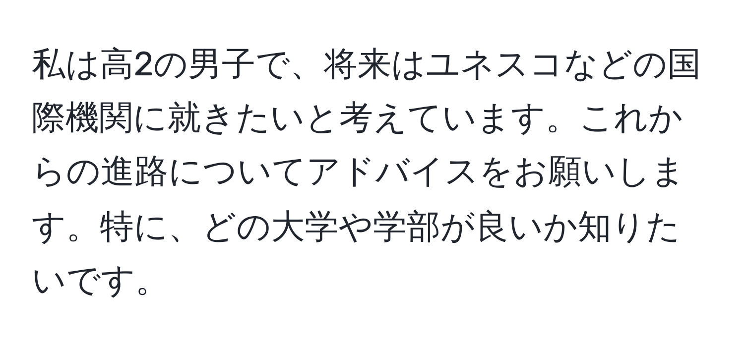 私は高2の男子で、将来はユネスコなどの国際機関に就きたいと考えています。これからの進路についてアドバイスをお願いします。特に、どの大学や学部が良いか知りたいです。