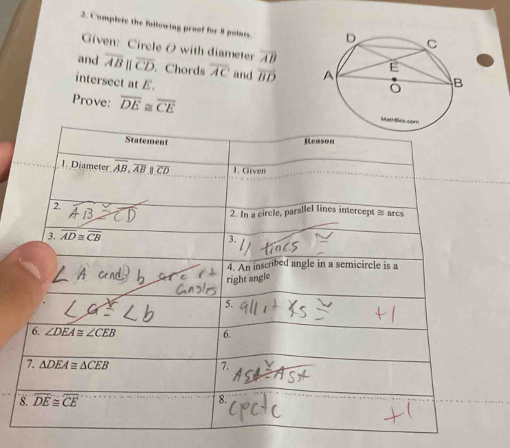 Complete the following proof for 8 points.
Given: Circle O with diameter overline AB
and overline ABparallel overline CD. Chords overline AC and overline BD
intersect at E. 
Prove: overline DE≌ overline CE