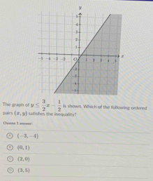 The graph of y≤  3/2 x- 1/2  is shown. Which of the following ordered
pairs (x,y) satishes the inequality.
Ceene 1 ameer
(-3,-4)
(0,1)
(2,0)
(3,5)