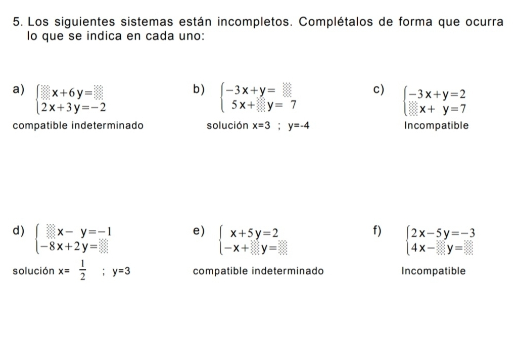 Los siguientes sistemas están incompletos. Complétalos de forma que ocurra 
lo que se indica en cada uno: 
b) 
a) beginarrayl x+6y= 2x+3y=-2endarray. beginarrayl -3x+y=□  5x+□ y=7endarray.
c) beginarrayl -3x+y=2 x+y=7endarray.
compatible indeterminado solución x=3; y=-4 Incompatible 
d ) beginarrayl x-y=-1 -8x+2y=8endarray.
e) beginarrayl x+5y=2 -x+y=8endarray.
f) beginarrayl 2x-5y=-3 4x-y=8endarray.
solución x= 1/2 ;y=3 compatible indeterminado Incompatible