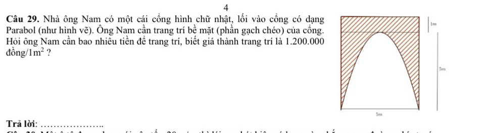 Nhà ông Nam có một cái cổng hình chữ nhật, lối vào cổng có dạng 
Parabol (như hình vẽ). Ông Nam cần trang trí bề mặt (phần gạch chéo) của cồng. 
Hỏi ông Nam cần bao nhiêu tiền để trang trí, biết giá thành trang trí là 1.200.000
đồng /1m^2 ? 
Trả lời:_