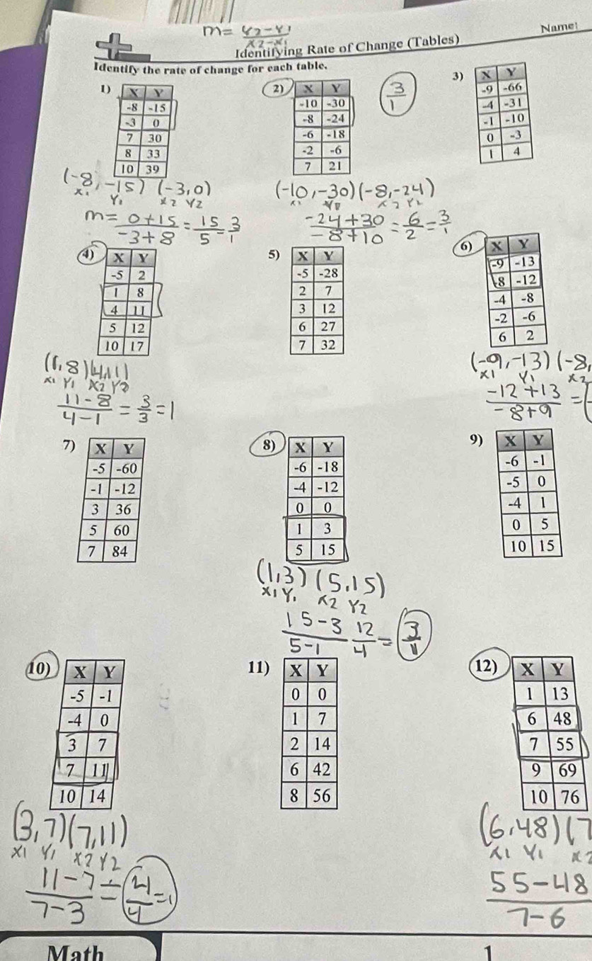 Identifying Rate of Change (Tables) Name! 
Identify the rate of change for each table. 
3) 
1 
2 



6) 
4 5) X Y
-5 -28
2 7
3 12
6 27
7 32
7 8) 
9) 





(0 11) 12) 





Math 1