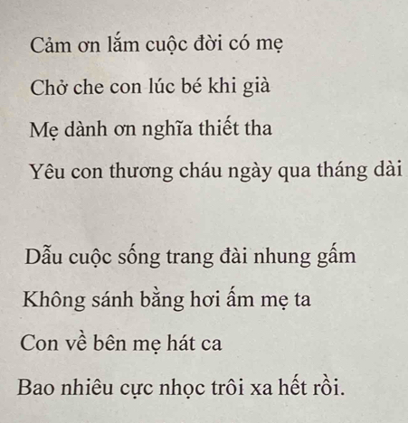 Cảm ơn lắm cuộc đời có mẹ 
Chở che con lúc bé khi già 
Mẹ dành ơn nghĩa thiết tha 
Yêu con thương cháu ngày qua tháng dài 
Dẫu cuộc sống trang đài nhung gấm 
Không sánh bằng hơi ấm mẹ ta 
Con về bên mẹ hát ca 
Bao nhiêu cực nhọc trôi xa hết rồi.