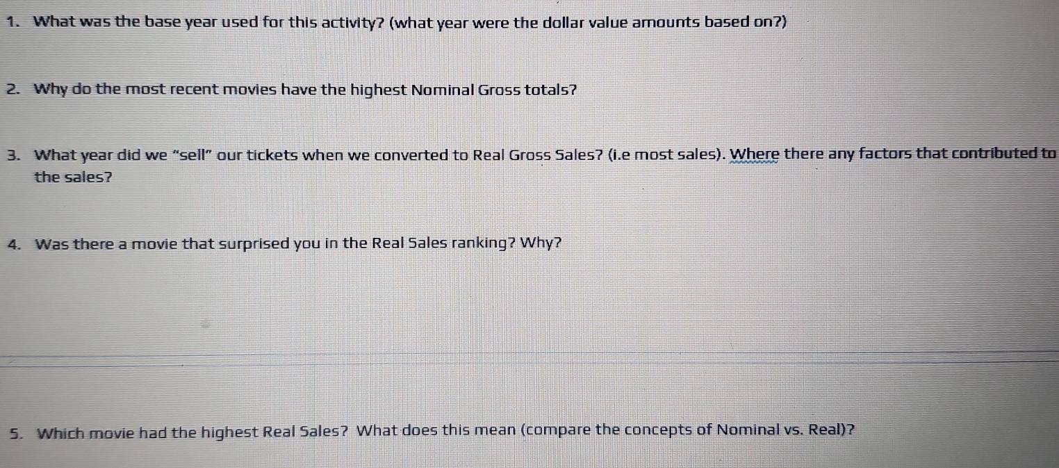 What was the base year used for this activity? (what year were the dollar value amounts based on?) 
2. Why do the most recent movies have the highest Nominal Gross totals? 
3. What year did we “sell” our tickets when we converted to Real Gross Sales? (i.e most sales). Where there any factors that contributed to 
the sales? 
4. Was there a movie that surprised you in the Real Sales ranking? Why? 
5. Which movie had the highest Real Sales? What does this mean (compare the concepts of Nominal vs. Real)?