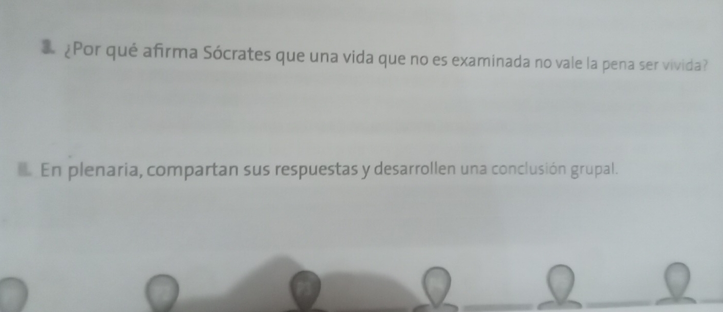 ¿Por qué afirma Sócrates que una vida que no es examinada no vale la pena ser vivida? 
En plenaria, compartan sus respuestas y desarrollen una conclusión grupal.