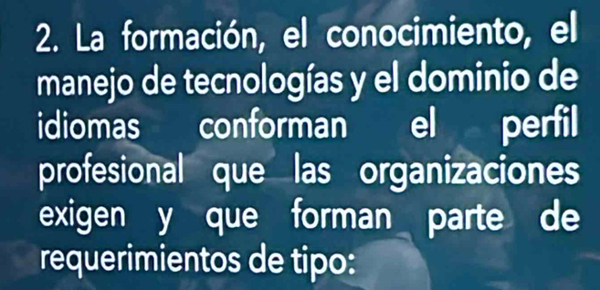 La formación, el conocimiento, el 
manejo de tecnologías y el dominio de 
idiomas conforman el perfil 
profesional que las organizaciones 
exigen y que forman parte de 
requerimientos de tipo: