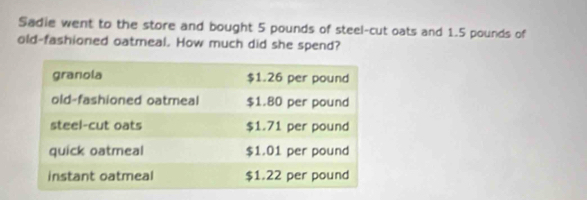 Sadie went to the store and bought 5 pounds of steel-cut oats and 1.5 pounds of 
old-fashioned oatmeal. How much did she spend?