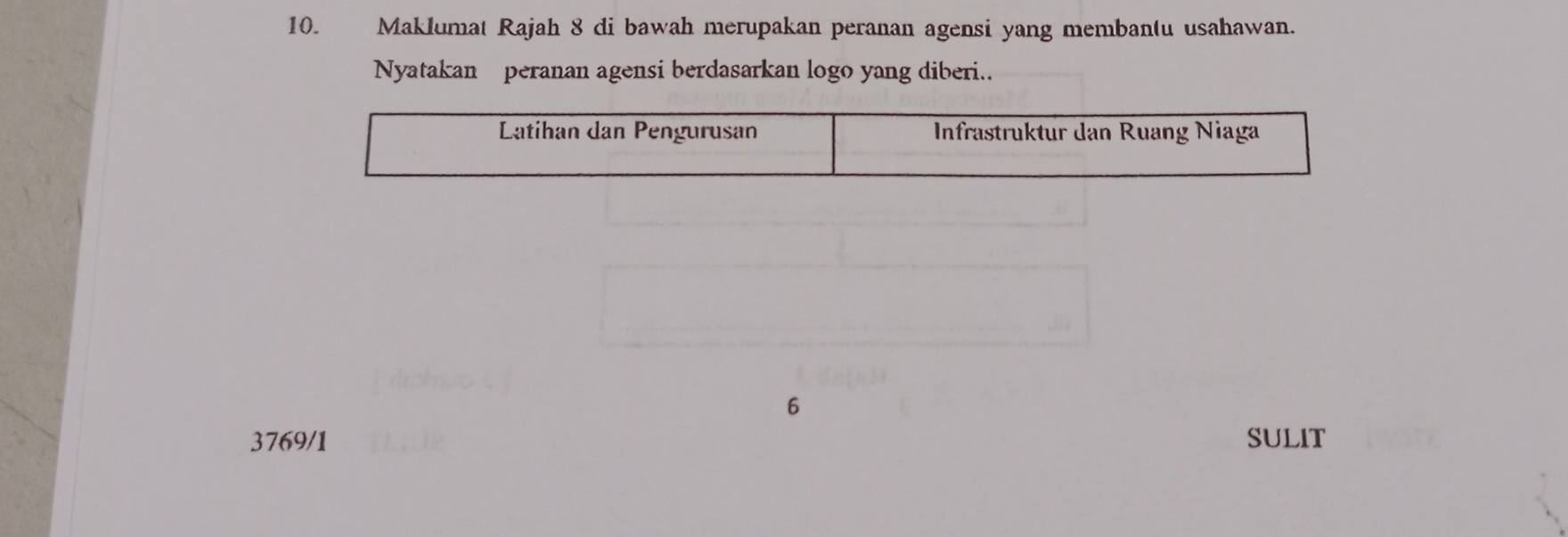 Maklumat Rajah 8 di bawah merupakan peranan agensi yang membantu usahawan. 
Nyatakan peranan agensi berdasarkan logo yang diberi.. 
6 
3769/1 SULIT