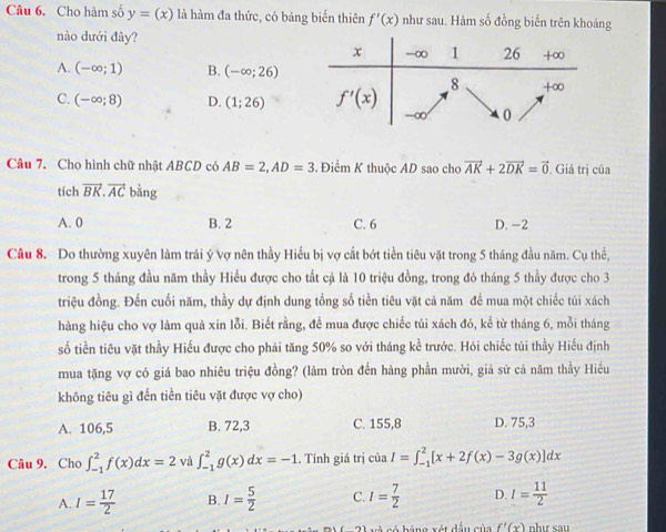 Cho hàm số y=(x) là hàm đa thức, có bảng biến thiên f'(x) như sau. Hàm số đồng biến trên khoảng
nào dưới đây?
A. (-∈fty ;1) B. (-∈fty ;26)
C. (-∈fty ;8) D. (1;26)
Câu 7. Cho hình chữ nhật ABCD có AB=2,AD=3. Điểm K thuộc AD sao cho vector AK+2vector DK=vector 0. Giá trị của
tich vector BK.vector AC bằng
A. 0 B. 2 C. 6 D. -2
Câu 8. Do thường xuyên làm trái ý vợ nên thầy Hiểu bị vợ cắt bớt tiền tiêu vặt trong 5 tháng đầu năm. Cụ thể,
trong 5 tháng đầu năm thầy Hiếu được cho tất cả là 10 triệu đồng, trong đó tháng 5 thầy được cho 3
triệu đồng. Đến cuối năm, thầy dự định dung tổng số tiền tiêu vặt cả năm đề mua một chiếc túi xách
hàng hiệu cho vợ làm quả xin lỗi. Biết rằng, để mua được chiếc tủi xách đó, kể từ tháng 6, mỗi tháng
số tiền tiêu vặt thầy Hiếu được cho phải tăng 50% so với tháng kể trước. Hỏi chiếc túi thầy Hiếu định
mua tặng vợ có giá bao nhiêu triệu đồng? (làm tròn đến hàng phần mười, giả sử cả năm thầy Hiếu
không tiêu gì đến tiền tiêu vặt được vợ cho)
A. 106.5 B. 72,3 C. 155,8 D. 75,3
Câu 9. Cho ∈t _(-1)^2f(x)dx=2 và ∈t _(-1)^2g(x)dx=-1. Tính giá trị của I=∈t _(-1)^2[x+2f(x)-3g(x)]dx
A. I= 17/2  B. I= 5/2  C. I= 7/2  D. I= 11/2 
b ó  bàng xét dầu của f'(x) như sau