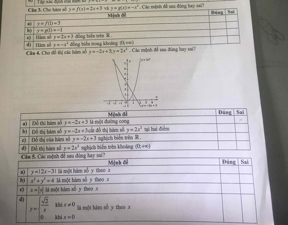 Tập xác định của hàm số y-sqrt(1)
y=f(x)=2x+3 và y=g(x)=-x^2. Các mệnh đề sau đúng hay sai?
Câu 4. Cho đồ thị các hàm số y=-2x+3;y=2x^2