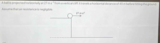 A ball is projected horizontally at 27ms^(-1) from a vertical cliff. It travels a horizontal distance of 40 m before hitting the ground.
Assume that air resistance is negligible.