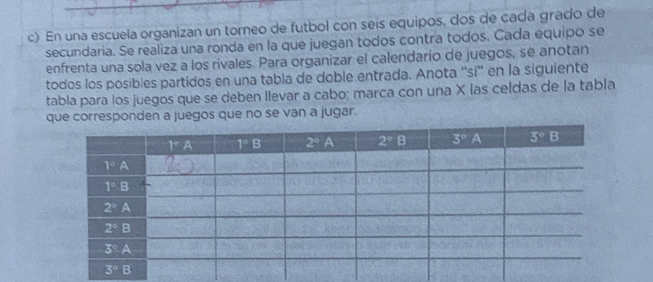 En una escuela organizan un torneo de futbol con seis equipos, dos de cada grado de
secundaria. Se realiza una ronda en la que juegan todos contra todos. Cada equipo se
enfrenta una sola vez a los rivales. Para organizar el calendario de juegos, se anotan
todos los posibles partidos en una tabla de doble entrada. Anota 'sí” en la siguiente
tabla para los juegos que se deben llevar a cabo; marca con una X las celdas de la tabla
que corresponden a juegos que no se van a jugar.